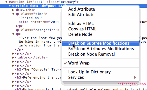 break-on-dom-change Right click for the options to break on a DOM change